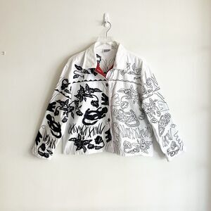 VTG Chicos Design Embroidered Jean Jacket Sz 3 / XL 16 White Denim Black Y2K